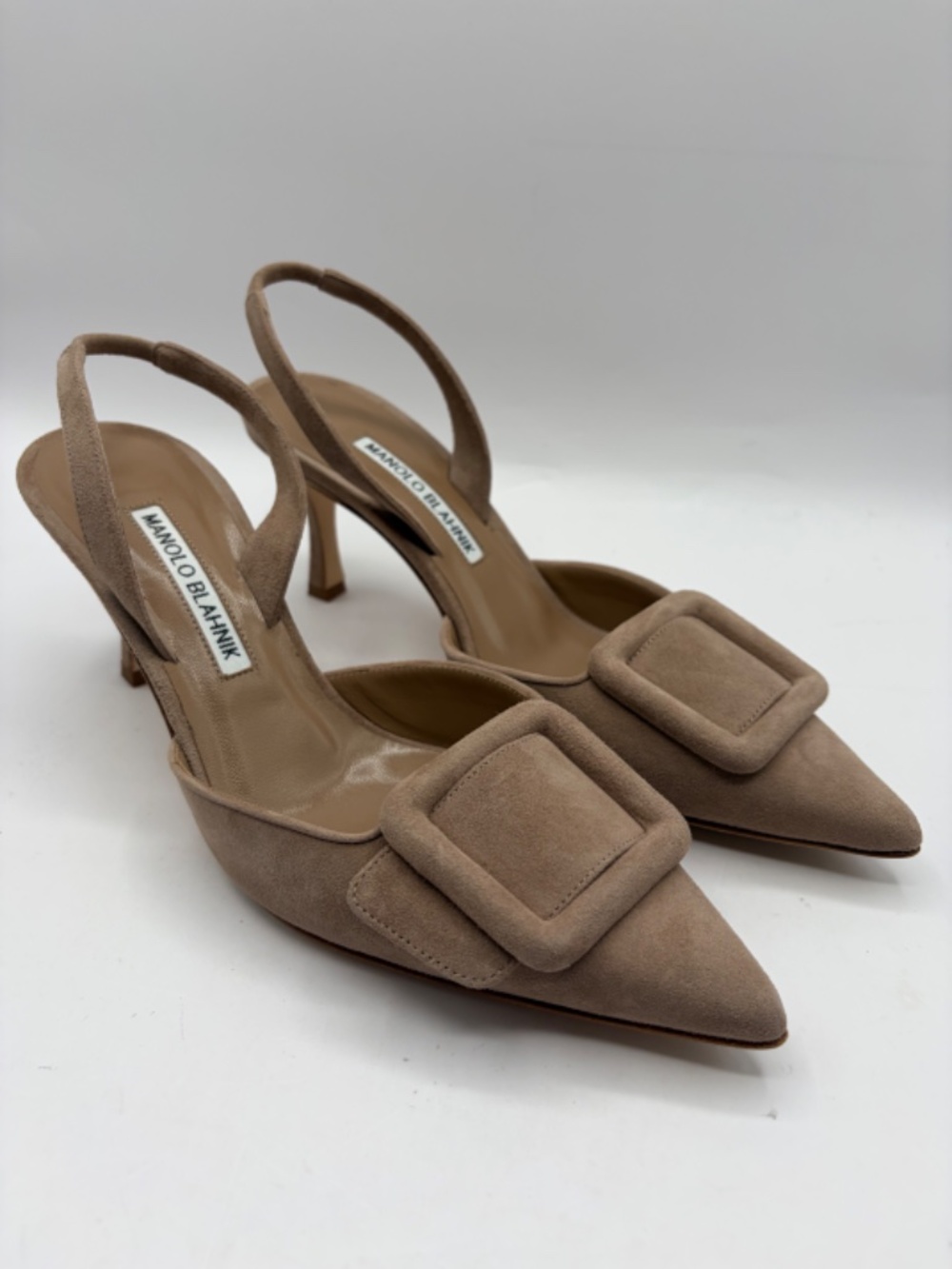 Manolo Blahnik 36.5 Suede Sling Back Pump In Beige Maysli